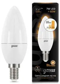 Лампа светодиодная Candle 7Вт E14 3000К step dimmable диммир. GAUSS 103101107-S