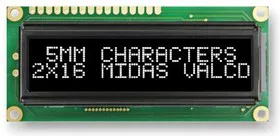MC21605G12W-VNMLWS, Буквенно-цифровой ЖКД, 16 x 2, Белый на Черном, 5В, SPI, Английский, Японский, Передающий