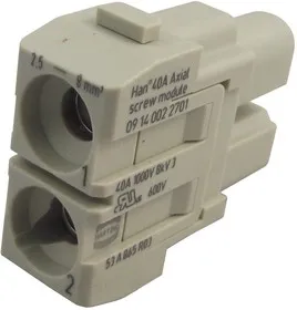 0914 002 2701, Разъем для тяжелых условий, вставка, Серия Han, Гнездо, 2 контакт(-ов), Гнездо, 1 ряд(-ов)