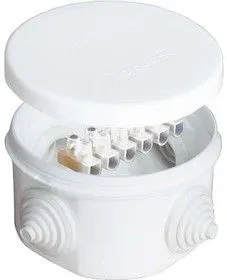 Коробка распр. ОП d75х45 4 выхода 4 гермоввода с клемм. 10А 6 контактов IP54 крышка защелкивающаяся бел. Epplast 240343