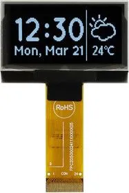 MCOT128064B1V-WM, Графический OLED дисплей, 128 x 64 пикселей, Белый на Черном, 3В, I2C, Параллельный, SPI