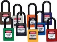 Замок безопасности Brady, нейлоновые корпус и дужка. Высота дужки 38 мм, диаметр дужки 6,5 мм, цвет - красный, 1 ключ, для работ при напряже