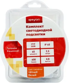 10-21 Комплект светодиодной ленты 12В, 4,8Вт/м, smd3528, 60 д/м, IP65, 2,5м, коннектор, БП, т.б.