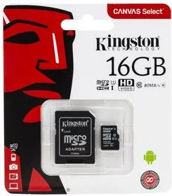 Карта памяти microSDHC UHS-I U1 KINGSTON 16 ГБ, 80 МБ/с, Class 10, SDCS/16GB, 1 шт., переходник SD