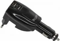 18-1185-1, Универсальное ЗУ-трансформер авто+сетевое 2 USB цвет черный (2х1000 mA)c индикатором, блистер