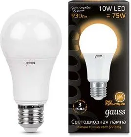 Лампа светодиодная A60 10Вт E27 3000К Gauss 102502110