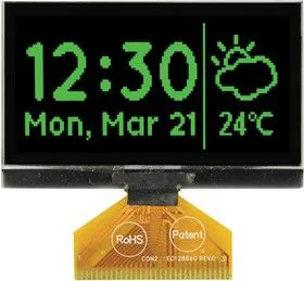 MCOT128064E1V-GM, Графический OLED дисплей, 128 x 64 пикселей, Зеленый на Черном, 3В, I2C, Параллельный, SPI