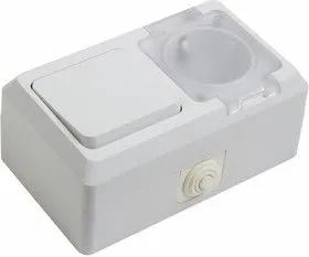 78-0517, Выключатель одноклавишный + розетка влагозащищенная для открытой установки сз с крышкой 10 А IP44