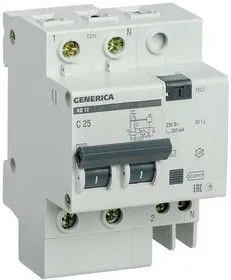 Выключатель автоматический дифференциального тока 2п 25А 300мА АД12 GENERICA ИЭК MAD15-2-025-C-300