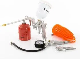 57304, Набор пневмоинструмента, 5 предметов, быстросъемное соед., краскорасп. с верхним бачком