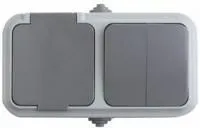 78-0528, Выключатель двухклавишный + розетка влагозащищенная для открытой установки IP54 выключатель 10 А ро